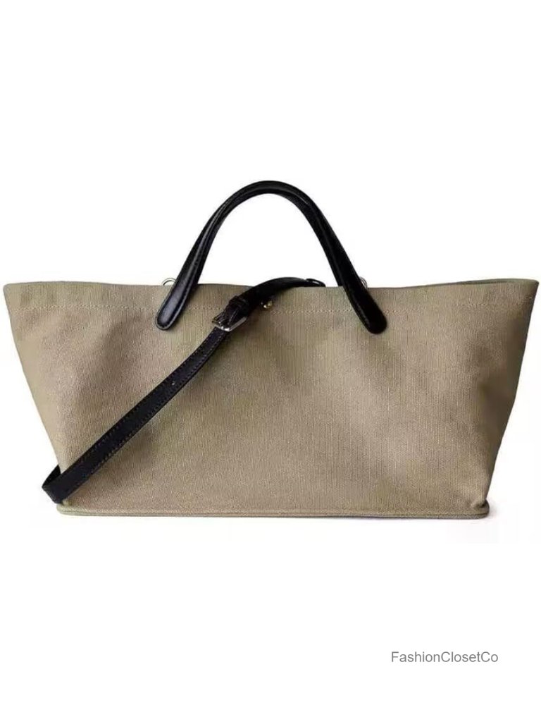 Canvas Leather Tote Bag, Khaki, Casual Shoulder Handbag, Satchel